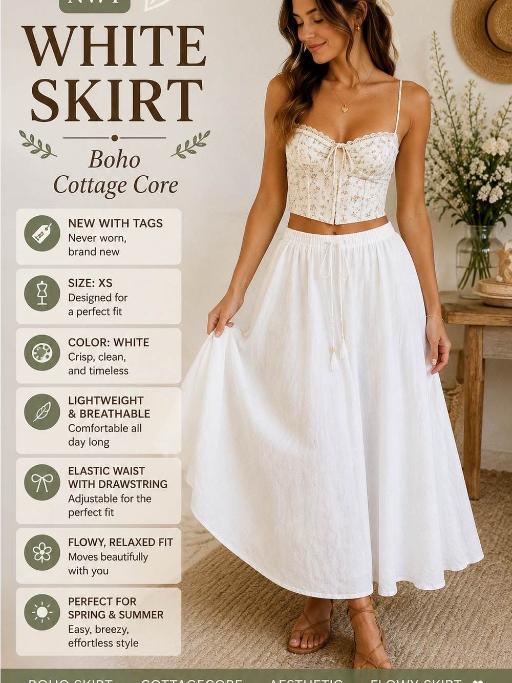 NWT Wild Fable White Cottagecore Maxi Skirt XS Boho Prairie Flowy